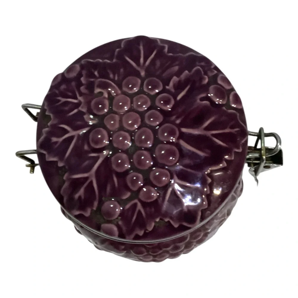 Vintage Purple Grape Embossed Ceramic Canister Jar with Clamp